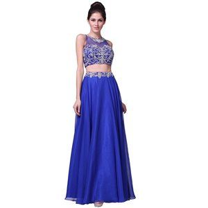 Women's Formal Open Back Illusion beaded 2 PCs Long Evening Gown prom dress